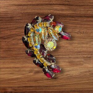 Vintage Crystal Brooch W/ Red & Yellow Rhinestones Leaf Design Retro Jewelry